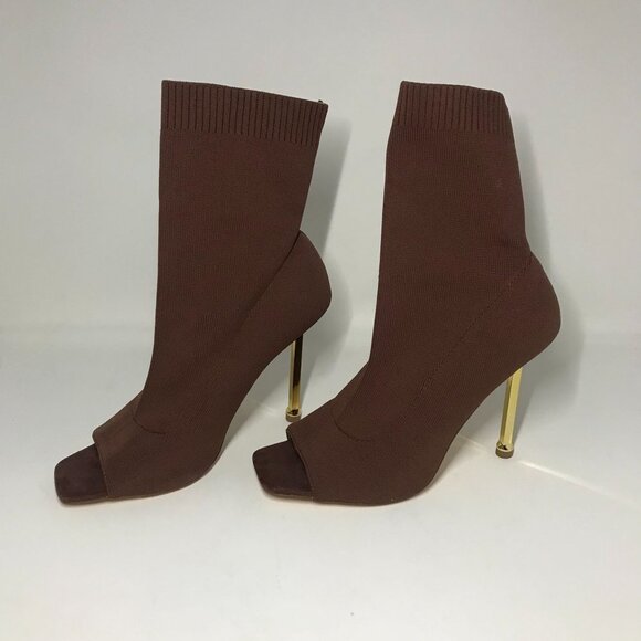 Liliana Shoes - Liliana Brown Fabric Knit Sock High Heel Peep Toe Stiletto Booties Size 10